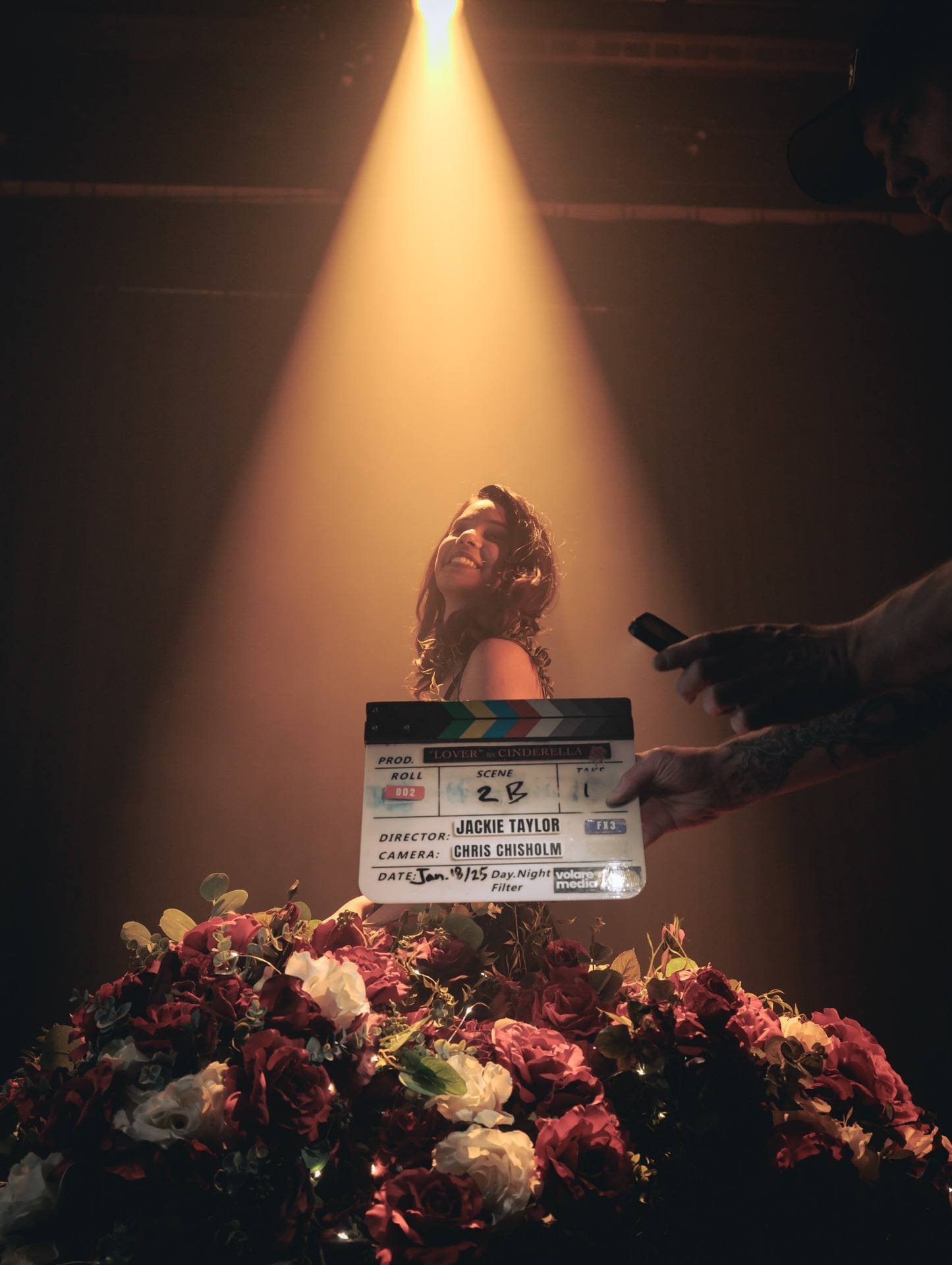 A film slate marking a take on the Lover music video, directed by Jackie Taylor